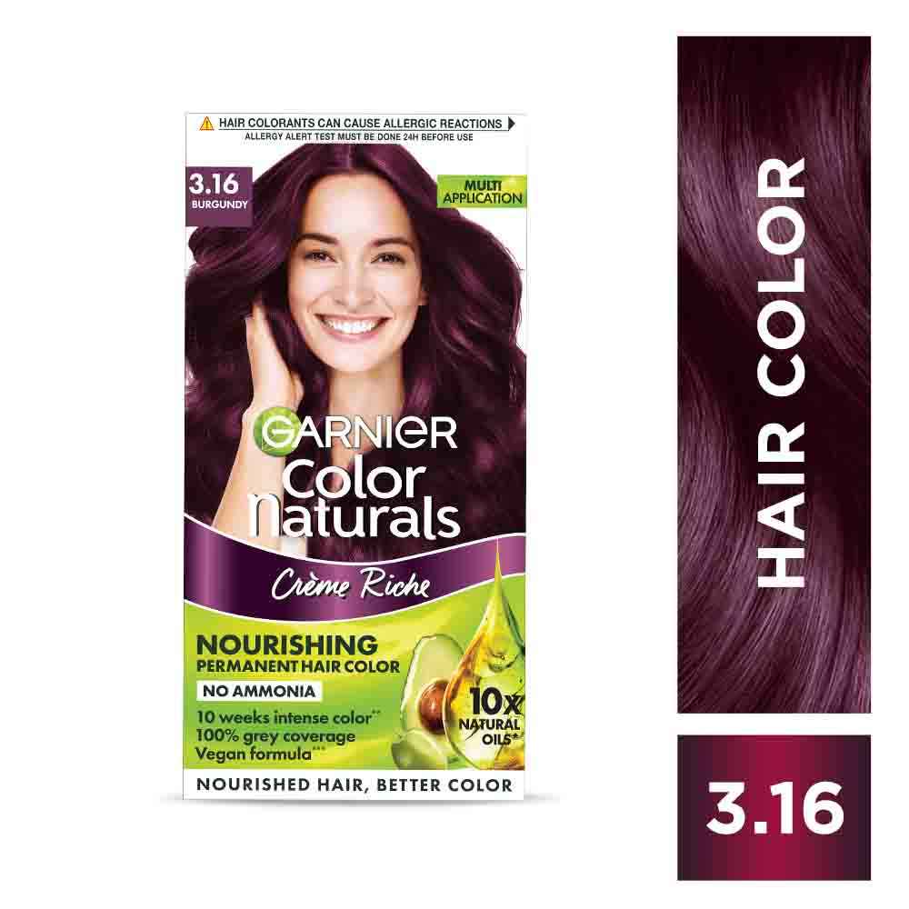 Buy Garnier Color Naturals Burgundy Hair Color Shade 3.16 | Permanent, Ammonia Free, Keratin (70 ml + 60 gm) - Purplle