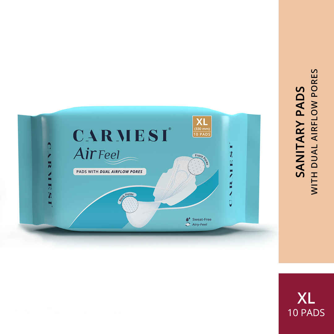 Buy Carmesi Air Feel Sanitary Pads With Dual Airflow Pores - 10 XL Pads With Wide Back | Airy, Dry, Sweat-Free, Rash-Free & Comfy | Soft, Lightweight & Ultra-Thin | Super-Absorbent Core | Non-Toxic - Purplle