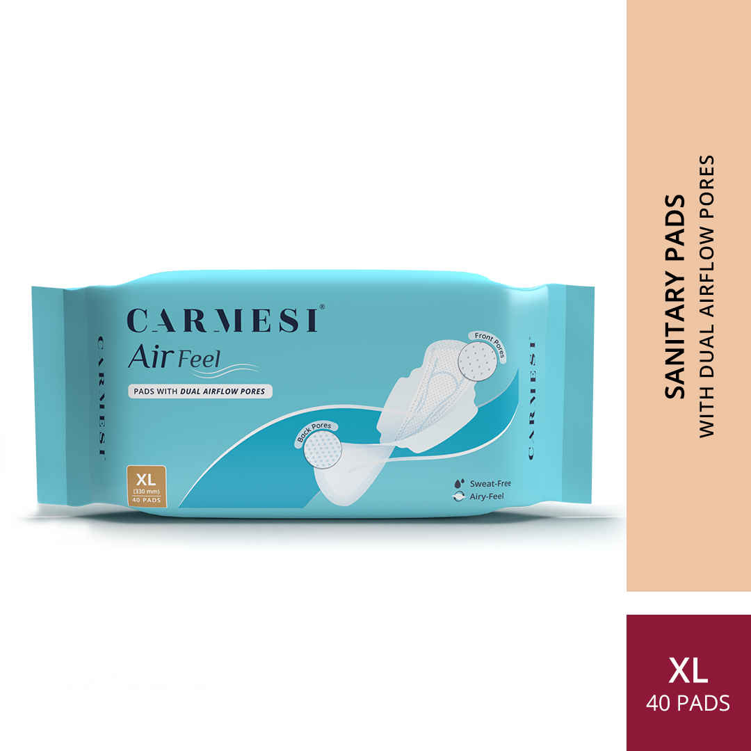 Buy Carmesi Air Feel Sanitary Pads With Dual Airflow Pores - 40 XL Pads With Wide Back | Keeps You Dry, Sweat-Free, Rash-Free & Comfy | Soft, Lightweight & Ultra-Thin | Super-Absorbent Core | Non-Toxic - Purplle