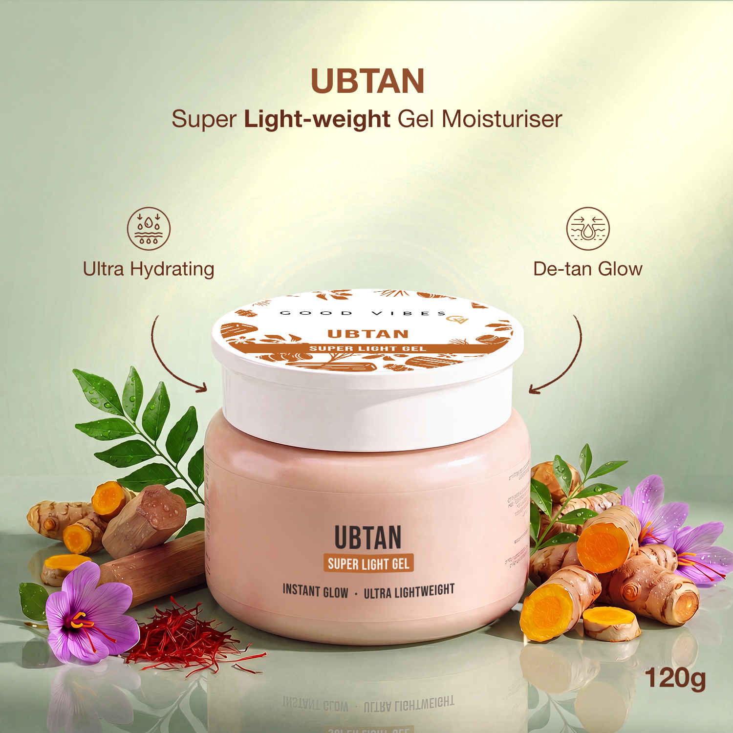 Buy Good Vibes Ubtan Super Light Gel Moisturiser | Turmeric, Saffron, Sandalwood & Hyaluronic Acid | Instant Glow, De-Tan & Brightening | Ultra-Lightweight, Non-Greasy Daily Moisturizer | All Skin Types | Non-Sticky & Fast-Absorbing | 120 gm - Purplle