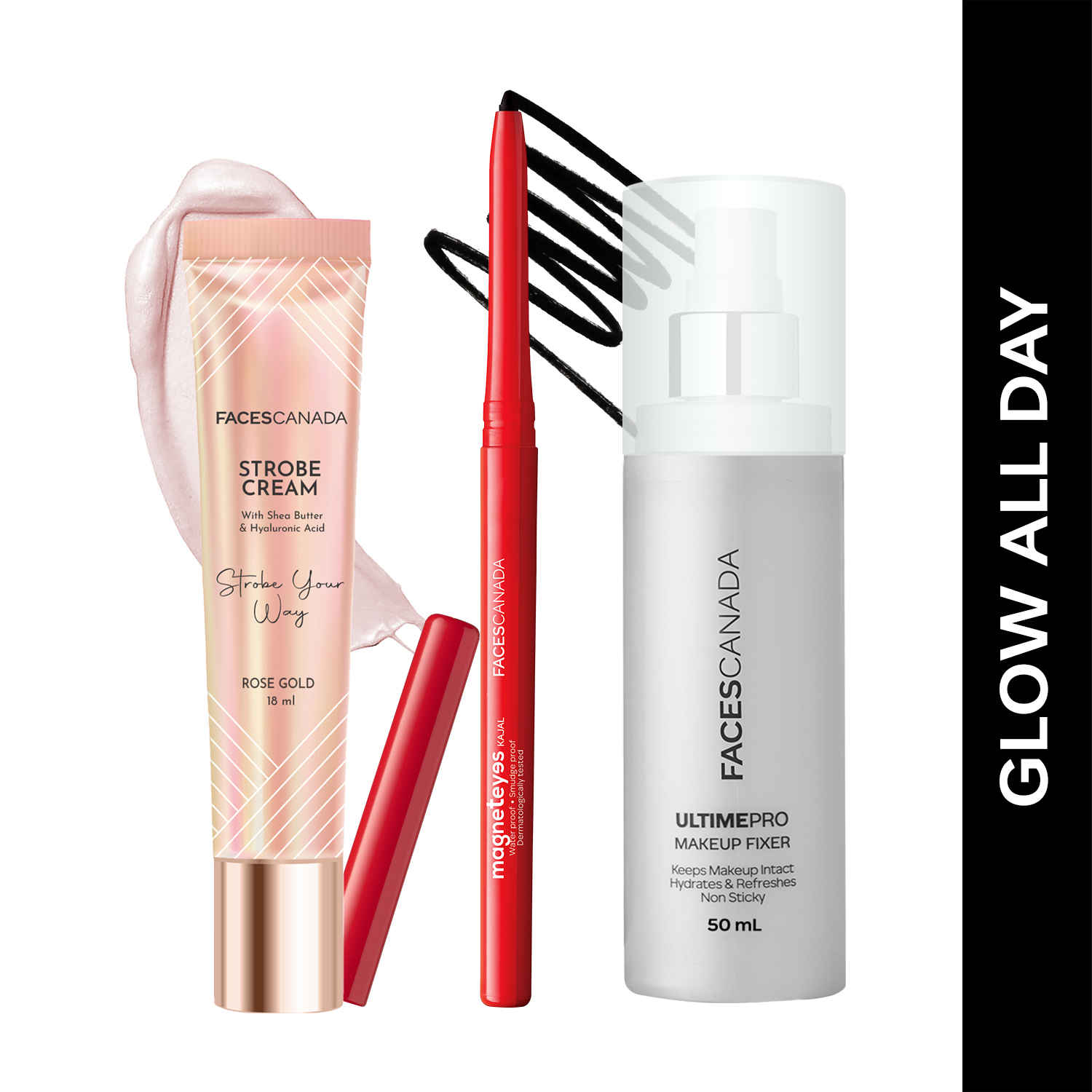 Buy FACES CANADA Glow All Day Combo - Strobe Cream - Rose Gold (18 ml) + Magneteyes Kajal - Black (0.35 gm) + Ultime Pro Makeup Fixer (50 ml) | Long Lasting & Glowy Makeup | Waterproof & Smudgeproof - Purplle