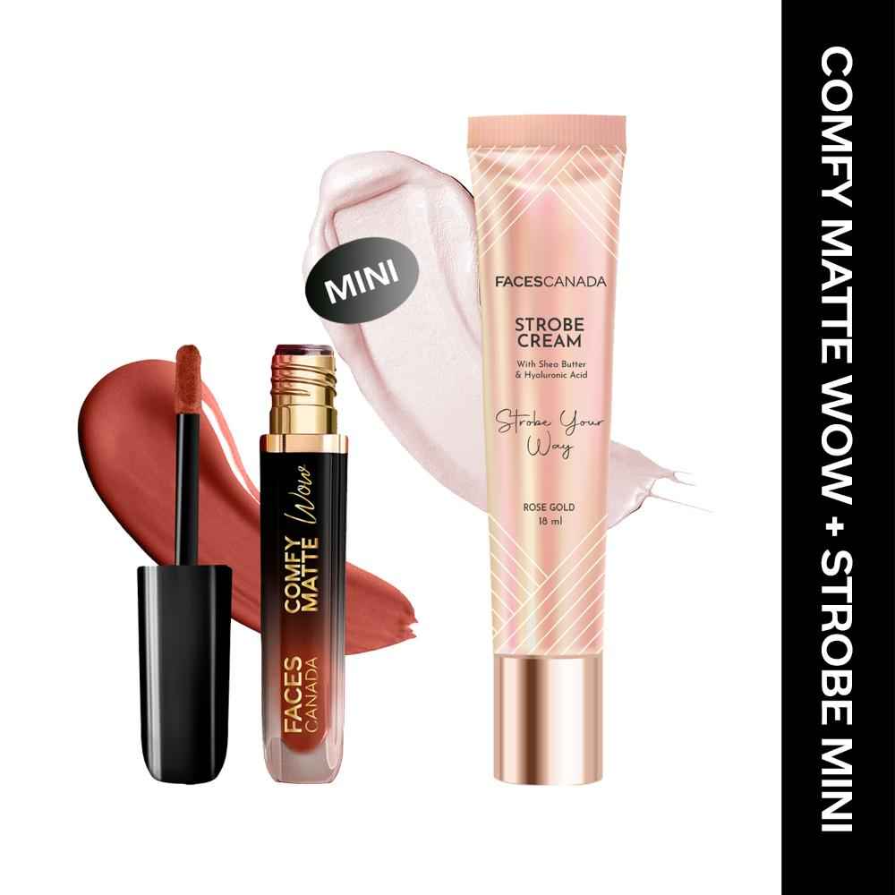 Buy FACES CANADA Comfy Matte Wow Liquid Lipstick - Nude Nectar 08 (3.8 ml) & Rose Gold Strobe Cream (18 ml) Combo of 2| Highly Pigmented | Flawless Radiant Dewy Skin | Illuminating & Glowing Makeup Base - Purplle