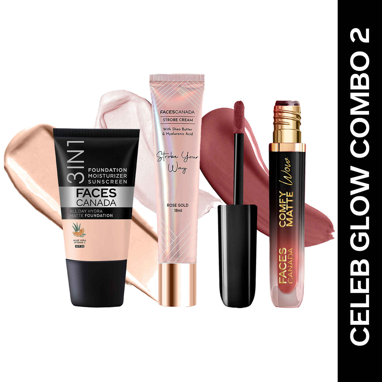 Buy FACES CANADA Celeb Glow Combo | Strobe Cream - Rose Gold 18 ml + Hydra Matte Foundation - Rose Ivory 18 ml + Comfy Matte Wow - Choco Couture 3.8 ml | SPF 30 | Highlighter | Highly Pigmented | Buildable Coverage | Pack of 3 - Purplle