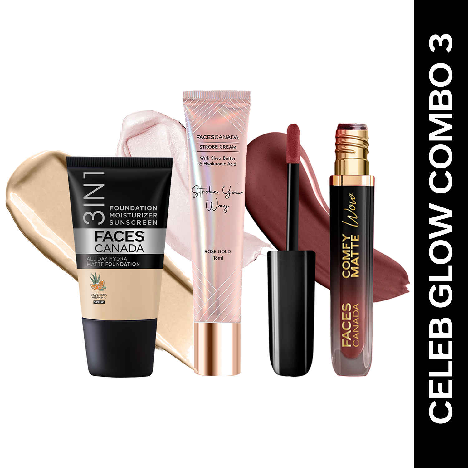 Buy FACES CANADA Celeb Glow Combo | Strobe Cream - Rose Gold 18 ml + Hydra Matte Foundation - Absolute Ivory 18 ml + Comfy Matte Wow - Cocoa Crush 3.8 ml | SPF 30 | Highlighter | Highly Pigmented | Buildable Coverage | Pack of 3 - Purplle
