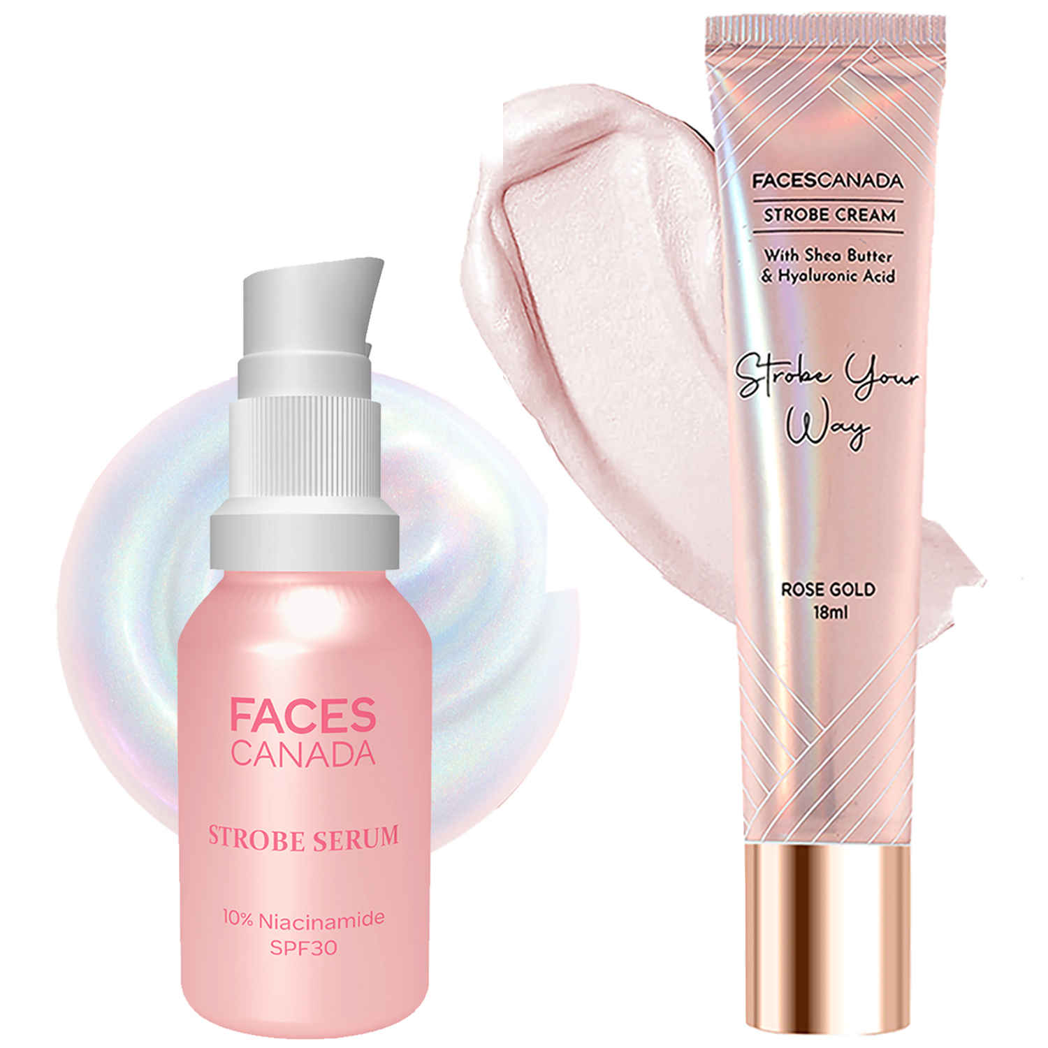 Buy Faces Canada Glowing Skin Combo - Strobe Cream - Rose Gold 18 ml + Strobe Serum Mini 18 ml Combo of 2 - Purplle