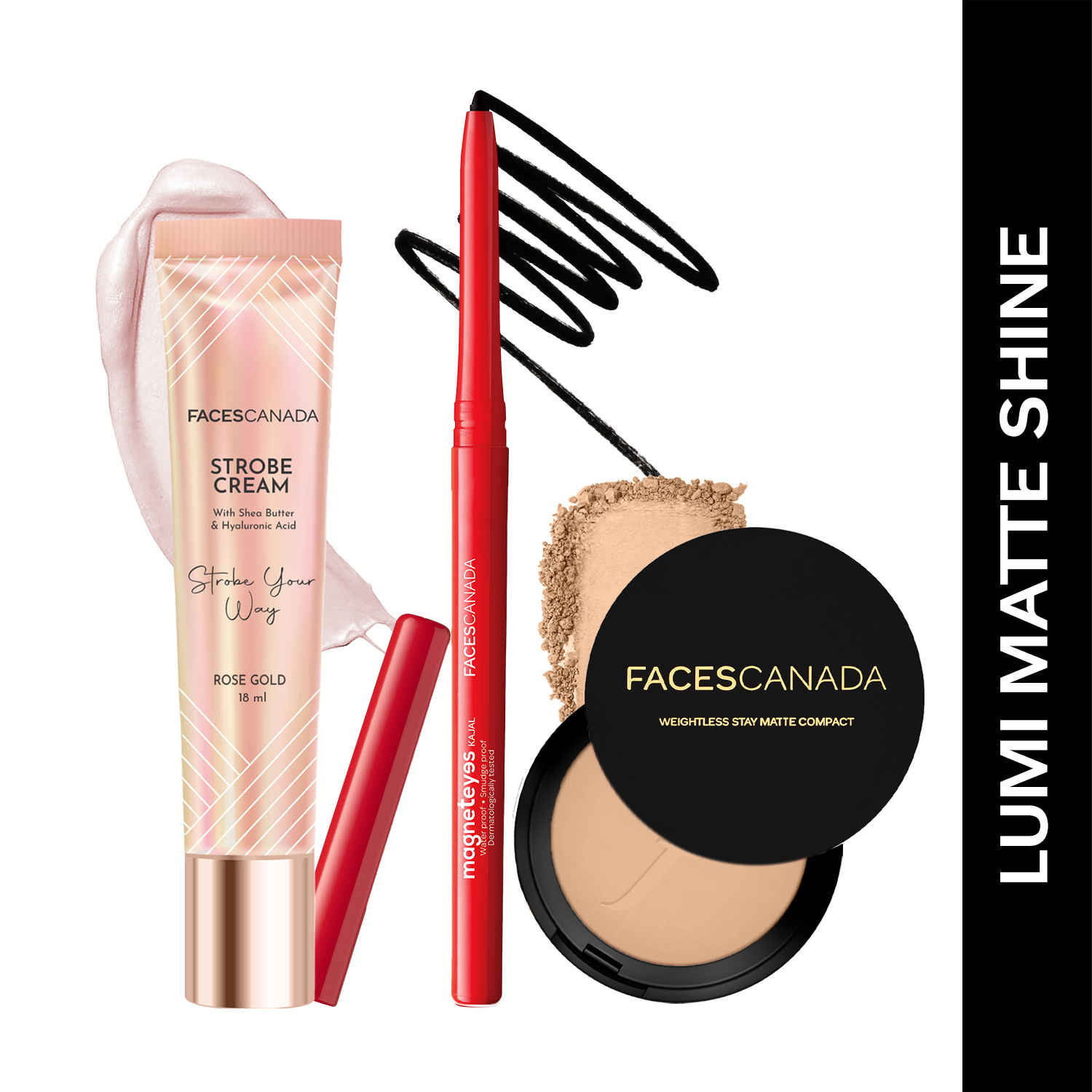 Buy FACES CANADA Lumi Matte Shine Combo - Strobe Cream - Rose Gold (18 ml) + Magneteyes Kajal - Black (0.35 gm) + Weightless Stay Matte Compact Powder - Beige 03 (9 gm) | Flawless Glowy Finish | Hides Imperfections - Purplle