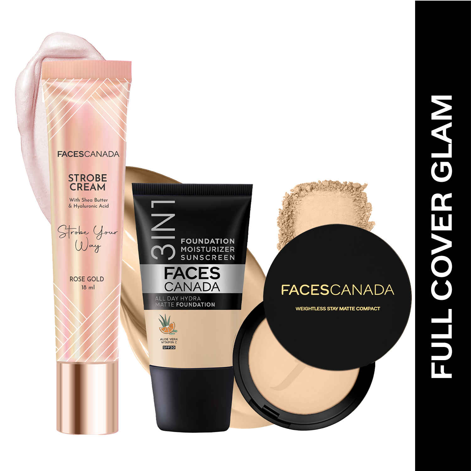 Buy FACES CANADA Full Cover Glam Combo - Strobe Cream - Rose Gold (18 ml) + Weightless Stay Matte Compact Powder - Natural 02 (9 gm) - Hydra Matte Foundation - Absolute Ivory 012 (18 ml) | Illuminating & Glowing Makeup Base | 10HR Long Wear - Purplle