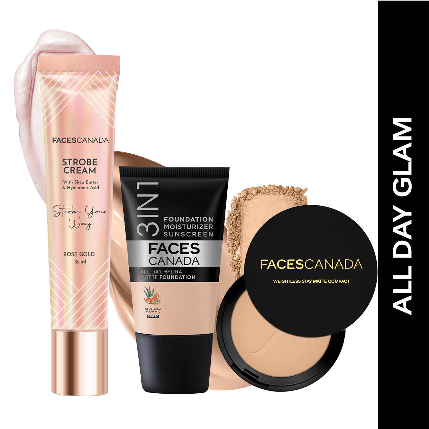 Buy FACES CANADA All Day Glam Combo - Strobe Cream - Rose Gold (18 ml) + Weightless Stay Matte Compact Powder - Beige 03 (9 gm) - Hydra Matte Foundation - Rose Ivory 011 (18 ml) | Illuminating & Glowing Makeup Base | 10HR Long Wear - Purplle