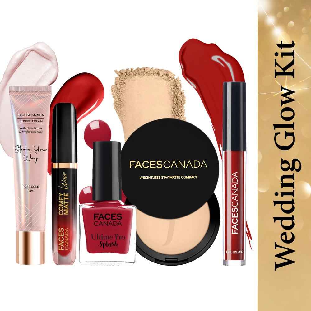 Buy FACES CANADA Wedding Glow Kit -Liquid Sindoor - Maroon 2.5 ml + Splash Nail Enamel - Royal Ruby 8 ml + Comfy Matte Wow Liquid Lipstick - Ruby Rouge 3.8 ml + Strobe Cream - Rose Gold 18 ml + Compact Powder - Natural 02 9 gm Combo of 5 - Purplle