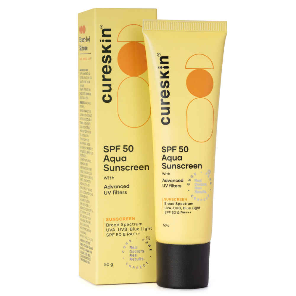 Buy Cureskin SPF 50 Aqua Sunscreen with Advanced UV Filters | Broad Spectrum Sun, UVA, UVB, Blue Light Protection, SPF 50 & PA+++, 50 gm (Pack of 1) - Purplle