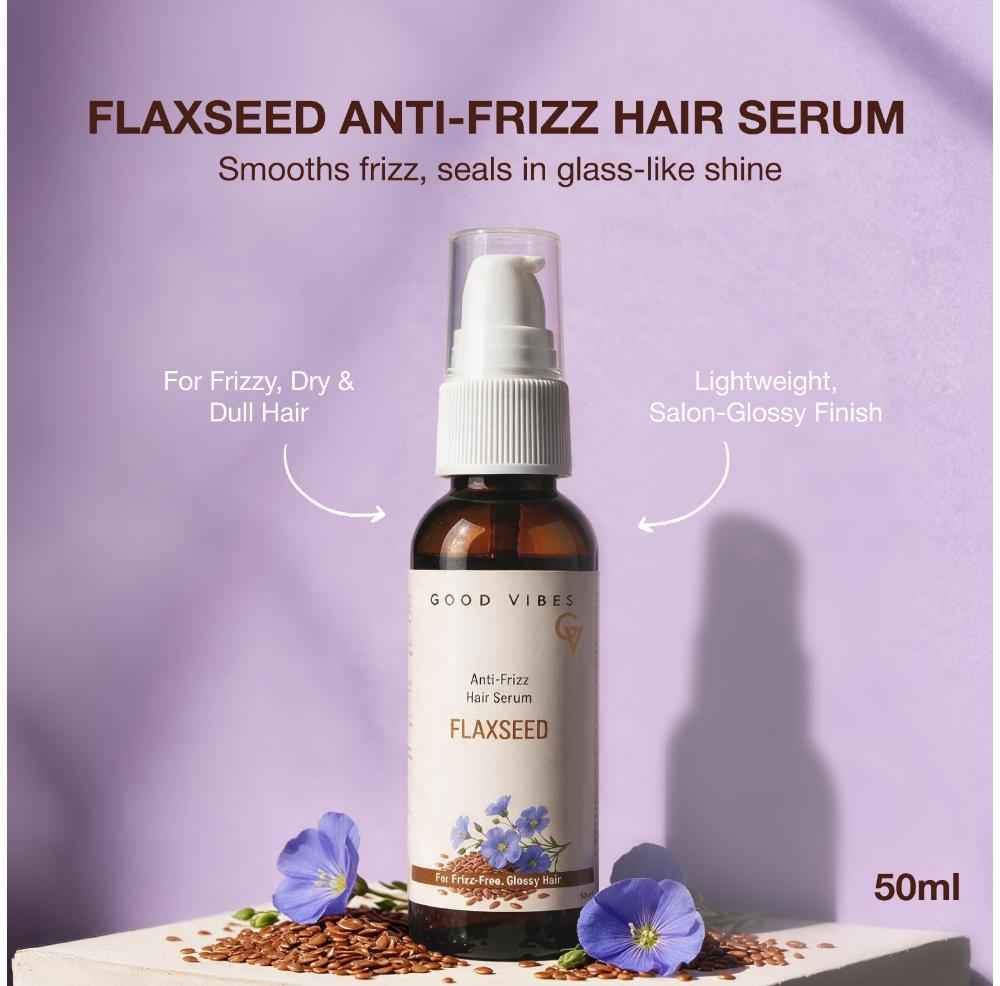 Buy Good Vibes Flaxseed Anti-Frizz Hair Serum | Powered by Flaxseed & Hydrolysed Keratin | Boosts Shine & Smoothness | Deeply Nourishes Dry Hair | Lightweight & Non- Greasy Formula | Provides a Glossy, Salon-Like Finish | 50 ml - Purplle
