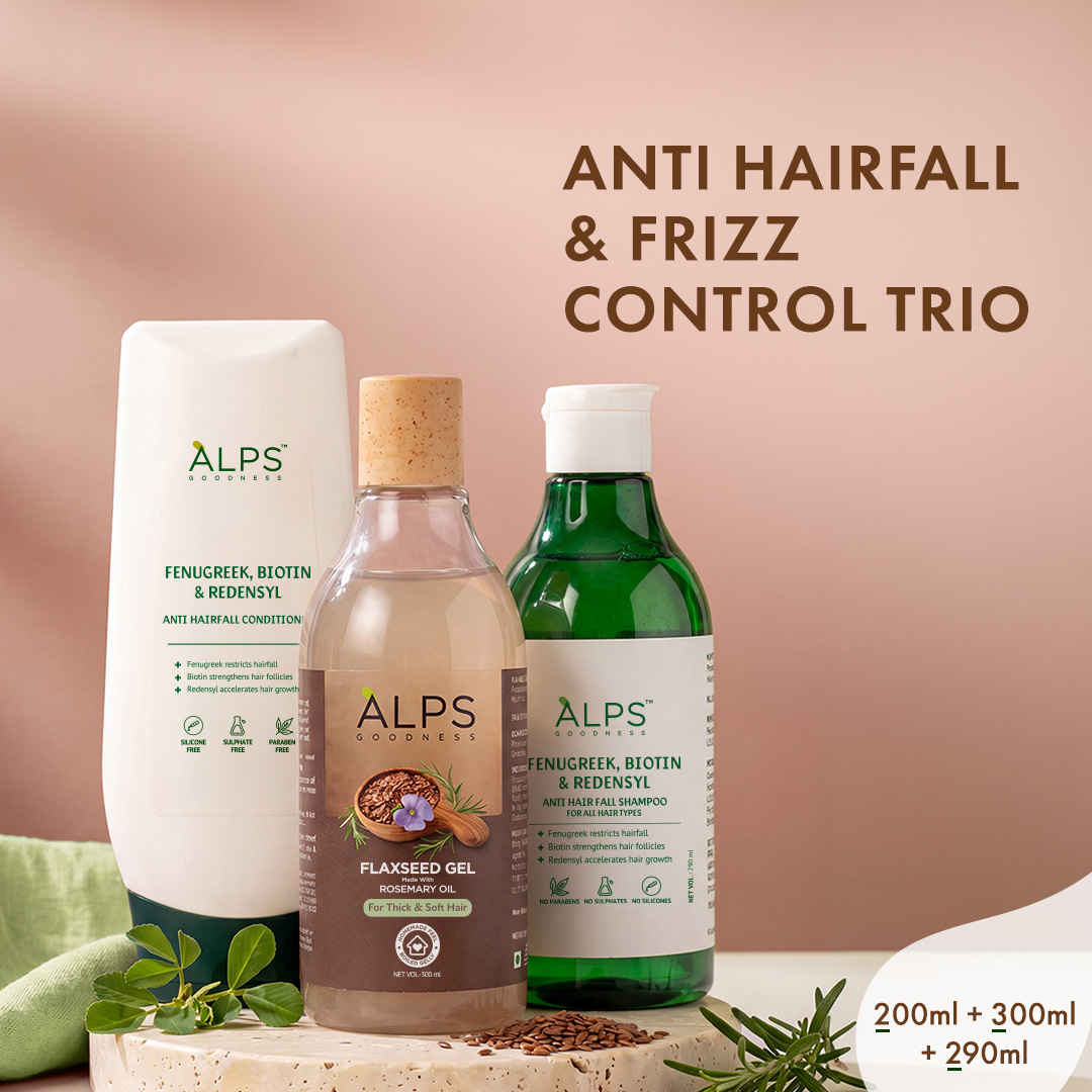 Buy Alps Goodness Anti Hairfall & Frizz Control Trio | Fenugreek Biotin & Redensyl Shampoo | Conditioner | Flaxseed Gel with Rosemary | Hair Strengthening & Smoothening Care | (Pack of 3) - Purplle