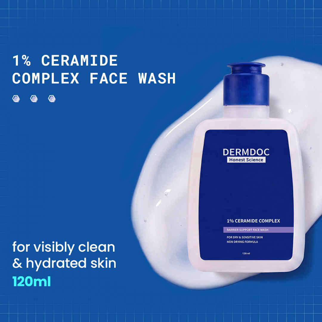 Buy DERMDOC 1% Ceramide Complex Barrier Support Face Wash | Gentle Hydrating Cleanser with 5 Ceramides, Cholesterol & 4% Hydration Complex | Non-Drying, Repairs Skin Barrier | Dry & Sensitive Skin | 120 ml - Purplle