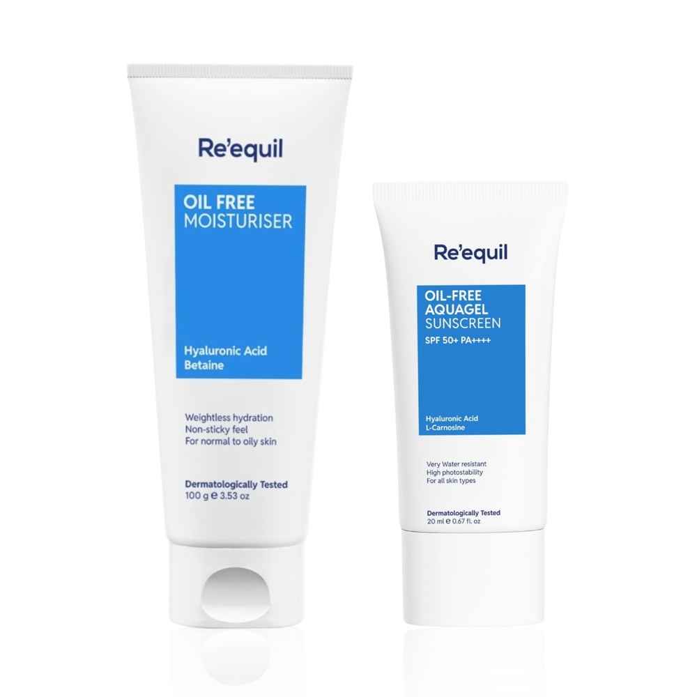 Buy Re'equil Day Care Combo – Oil Free Moisturiser (100 gm) + Oil Free Aquagel Sunscreen SPF 50+ (20 ml) Combo of 2 - Purplle