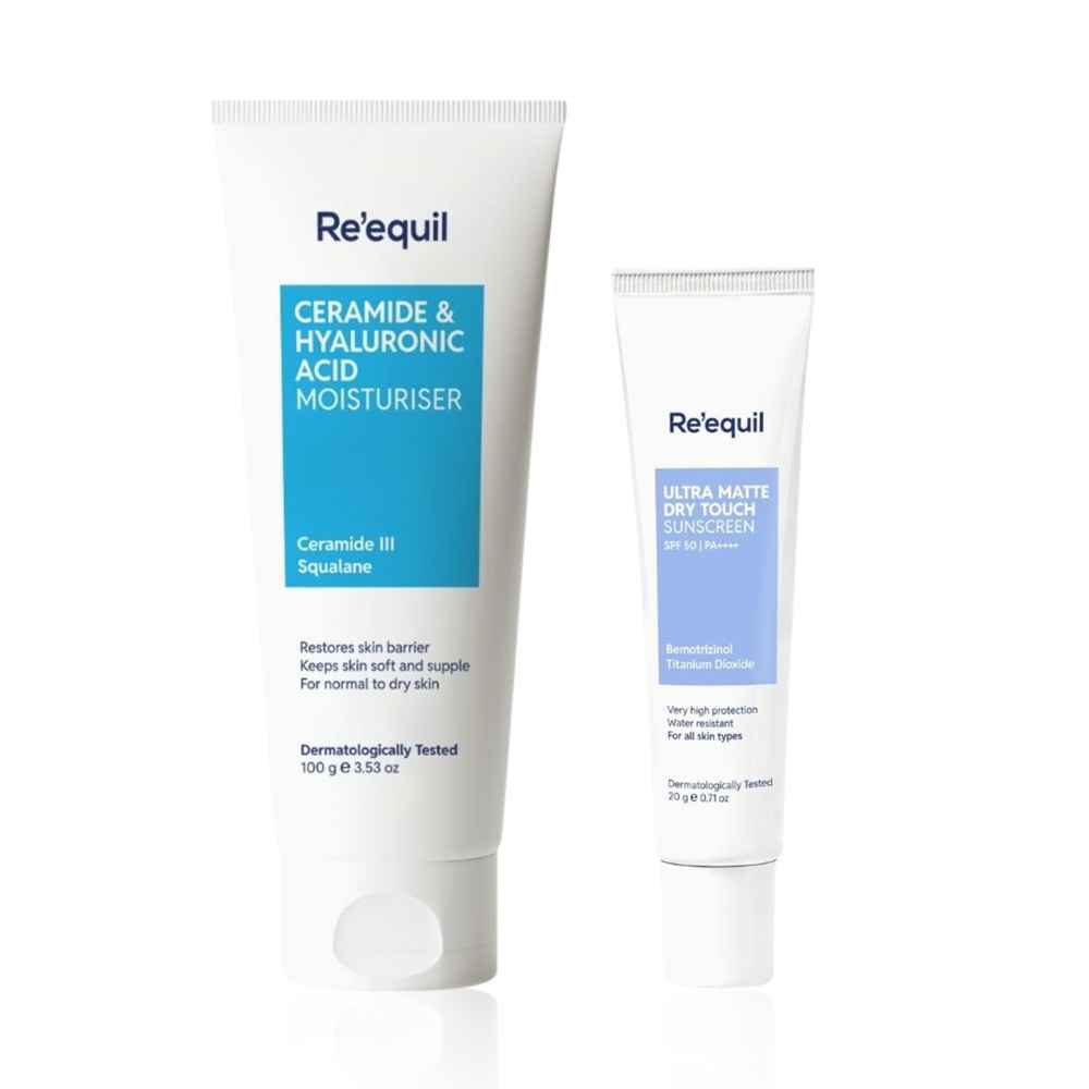 Buy Re'equil Hydrate & Mattify Combo – Ceramide & Hyaluronic Acid Moisturiser (100 gm) & Ultra Matte Sunscreen Gel SPF 50, PA++++ (20 gm) Combo of 2 - Purplle