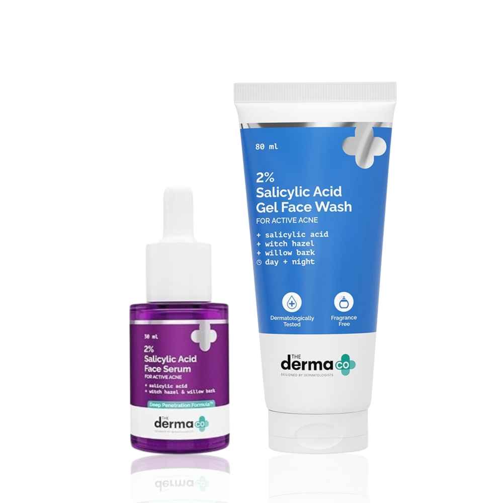 Buy The Derma Co Acne Warrior Combo of 2( 2% Salicylic Acid Gel Face Wash( 80 ml) + 2% Salicylic Acid Serum with Witch Hazel & Willow Bark (30 ml) | Deep Clean, Oil Control & Active Acne Care) - Purplle