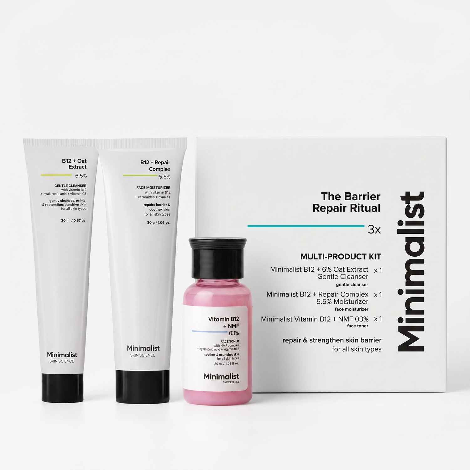 Buy Minimalist Barrier Repair Skin Care Kit (B12 + Oat Extract 6.5% Gentle Cleanser 30 ml + B12 + Repair Complex 5.5% Moisturizer 30 gm + Vitamin B12 + NMF 03% Toner 30 ml) - 90 ml - Purplle
