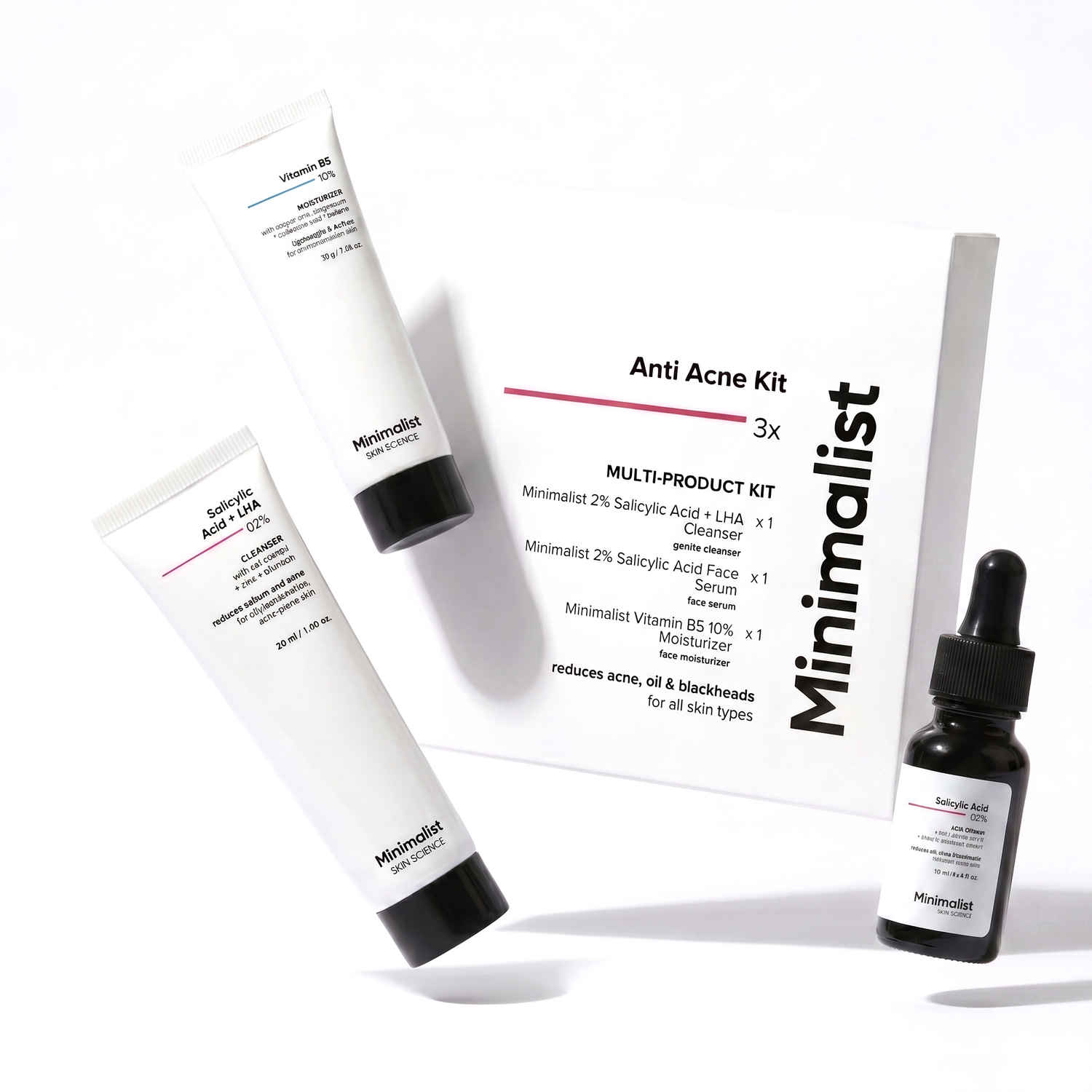 Buy Minimalist Anti Acne Skin Kit (2% Salicylic Acid + LHA Cleanser 30 ml + 2% Salicylic Acid Face Serum 10 ml + Vitamin B5 10% Moisturizer 30 gm) (70 ml) - Purplle