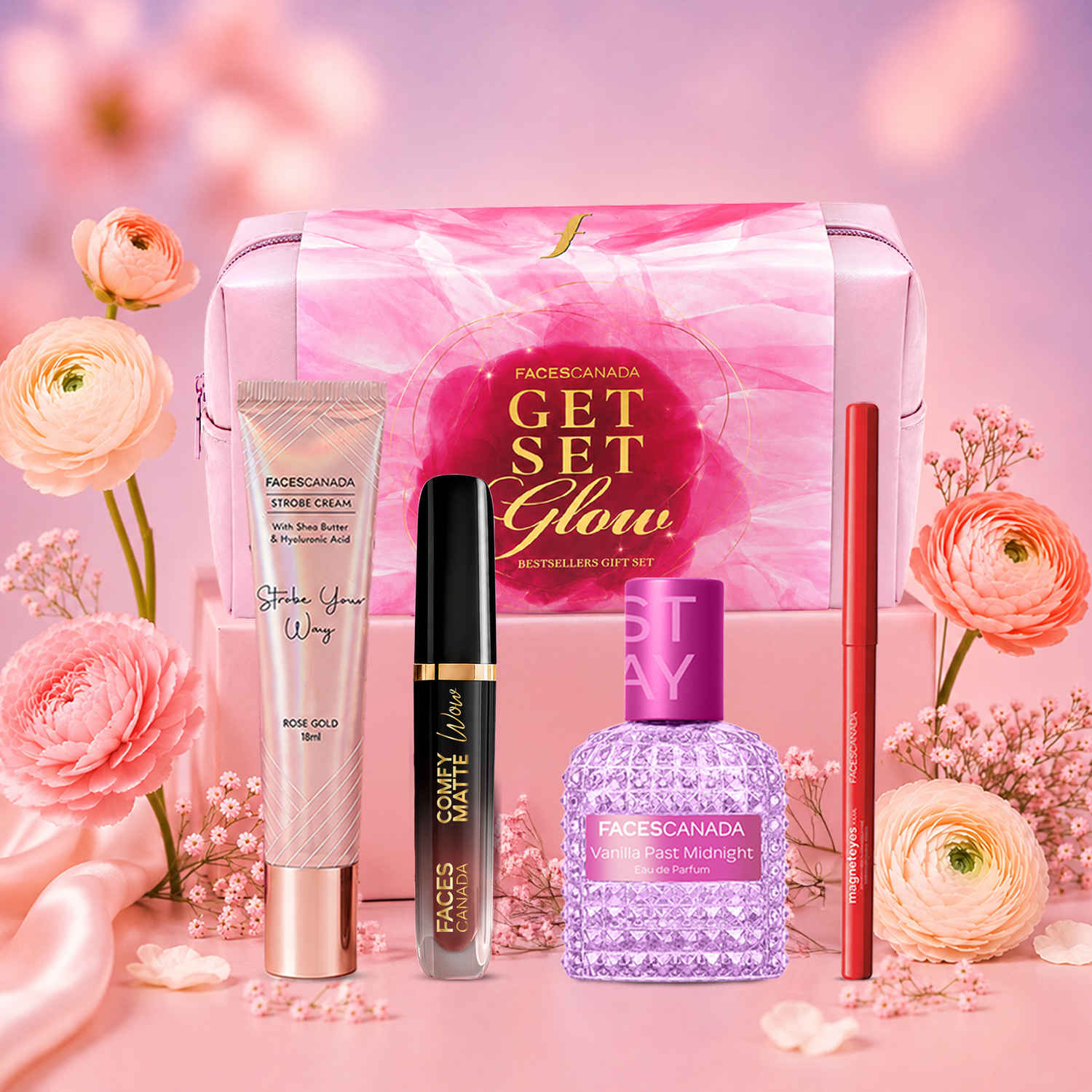 Buy FACES CANADA Get Set Glow | Magneteyes Kajal - Black 0.35 gm + STAY Vanilla Past Midnight Eau de Parfum Mini 20 ml + Strobe Cream Rose Gold 18 ml + Comfy Matte Wow Liquid Lipstick - Cocoa Crush 3.8 ml Combo of 4 - Purplle