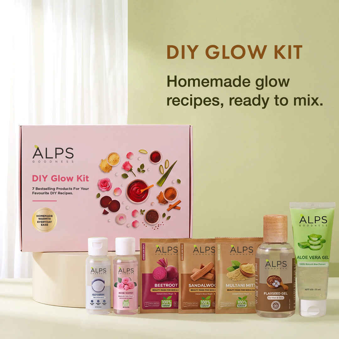 Buy Alps Goodness DIY Glow Kit | 7 Bestselling Essentials For Your DIY Recipes | With the Goodness of Rosewater, Beetroot, Multani Mitti, Sandalwood, Glycerine, Aloe Vera & Flaxseed | 100% Natural | With No Added Preservatives | Pack of 7 - Purplle
