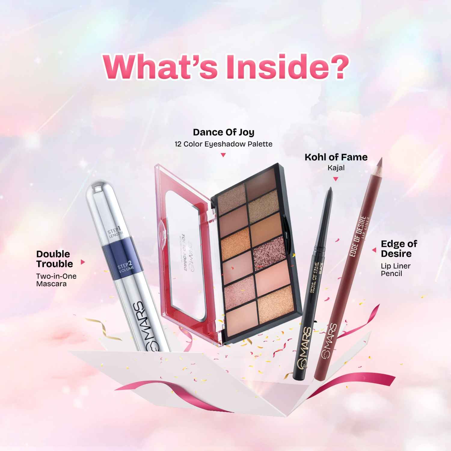 Buy MARS Eyes On Fire Eye Makeup Gift Set | Double Trouble Mascara | Edge of Desire Lip Pencil | Kohl of Fame Lip Liner | Dance of Joy 12 Shades Eyeshadow Palette (Pack of 4) - Purplle