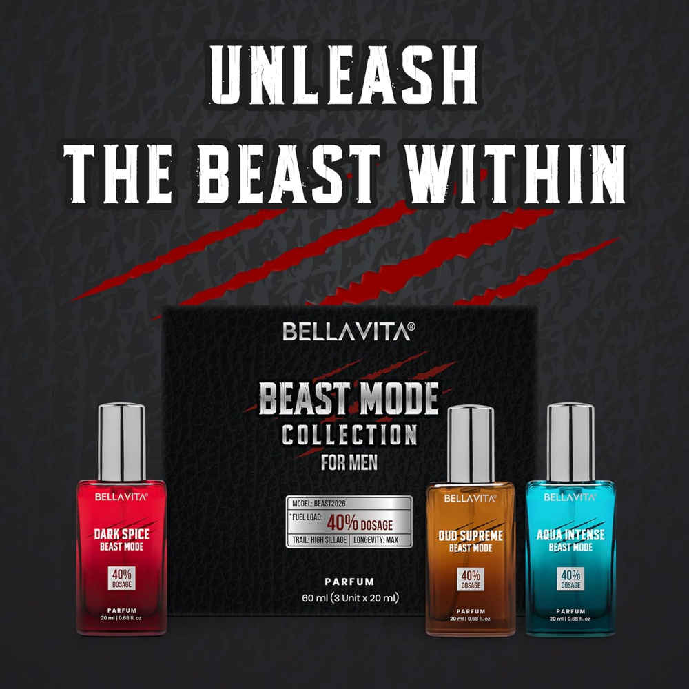 Buy Bella Vita Beast Mode Collection Set with 40% Perfume oil concentration | Long Lasting | Perfume for Man | Gift for Men | Spicy, Wood, Musk and Oud Premium Fragrance for Men Set of 3 x 20 ml each - Purplle