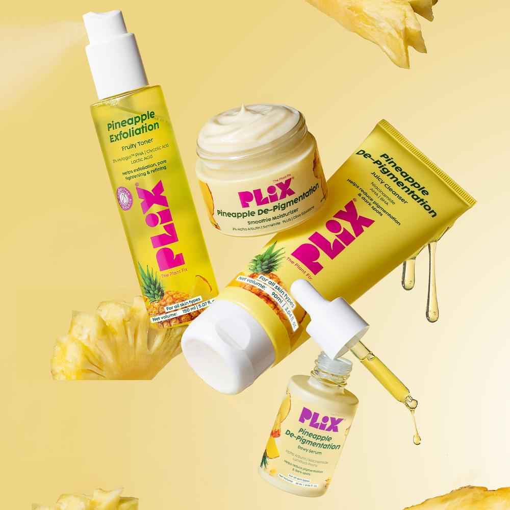 Buy PLIX Pineapple Depigmentation Regime | Juicy Cleanser (90 ml), Fruity Toner (150 ml), 2% Alpha Arbutin Serum (28 ml) & Smoothie Moisturizer (48 gm) | Helps Fade Dark Spots & Pigmentation | For Brighter, Even-Toned Skin (Combo of 4) - Purplle