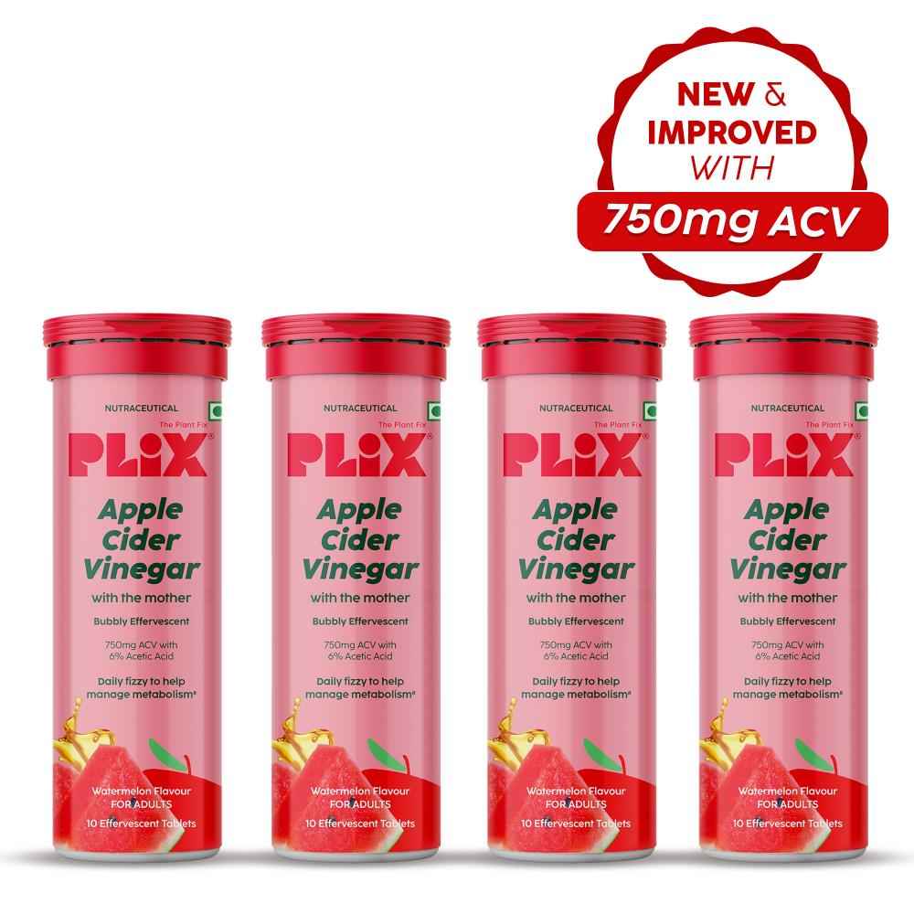 Buy PLIX Apple Cider Vinegar Effervescent Tablets (Watermelon) | Pack of 4 (40 Tabs) - Purplle