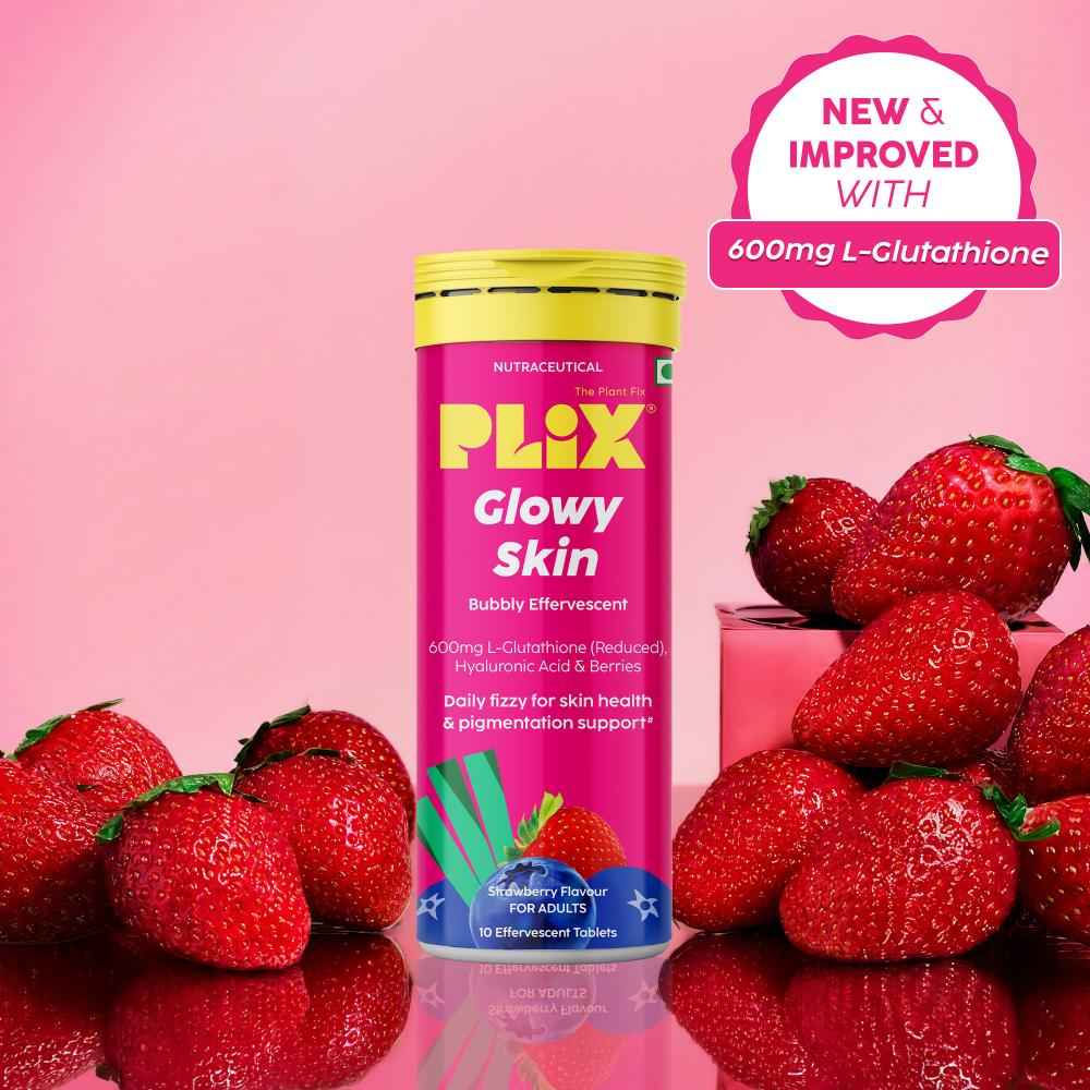 Buy PLIX Glowy Skin Strawberry Flavour Glutathione Effervescent Tablets | Pack of 1 (10 Tabs) - Purplle