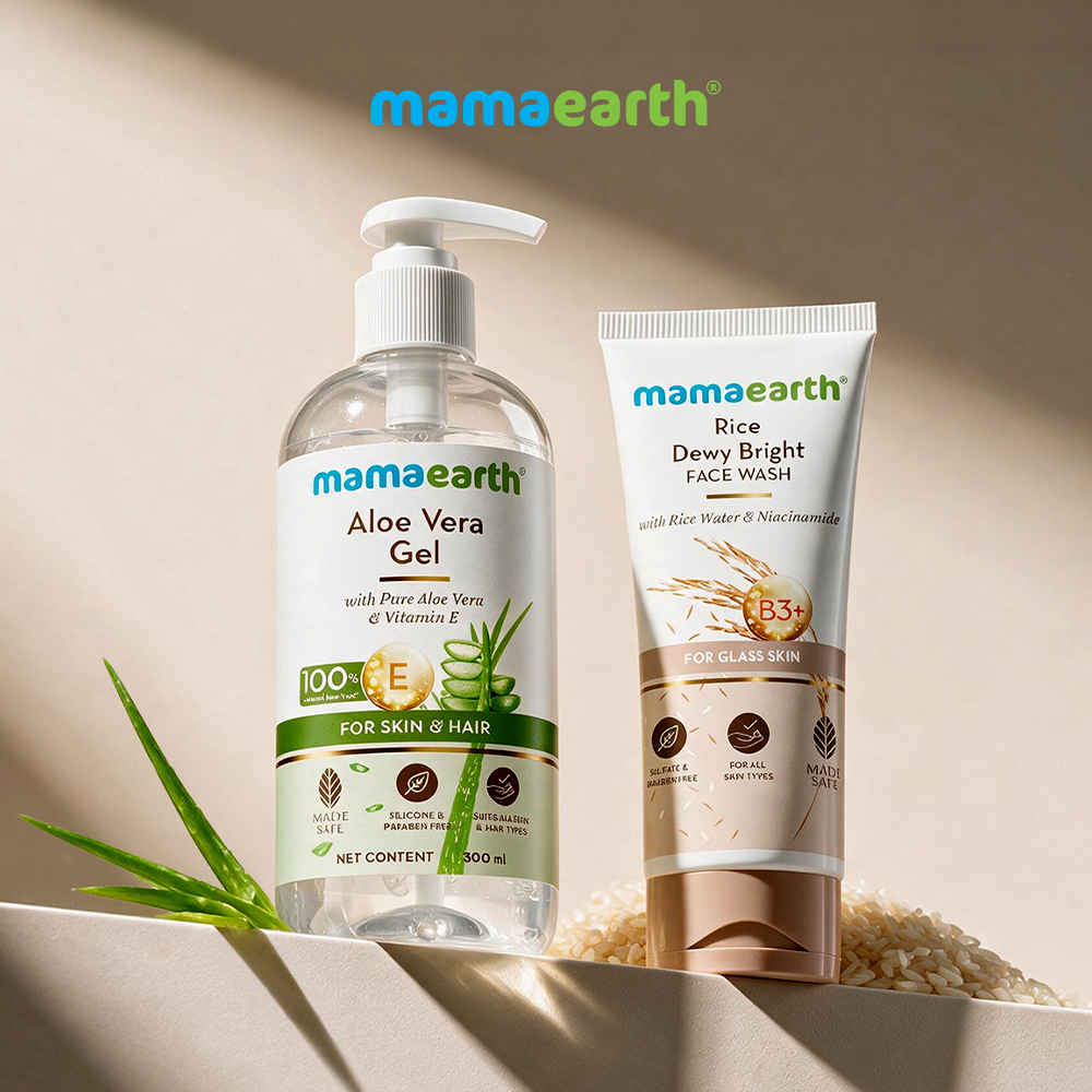 Buy Mamaearth Glass Skin Face Care Combo | Rice Face Wash (100 ml) + Aloe Vera Gel (300 ml) (Combo of 2) - Purplle