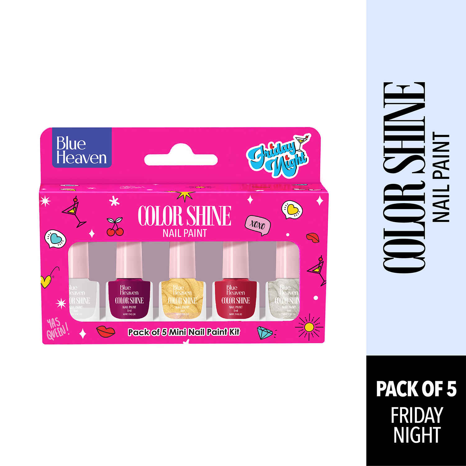 Buy Blue Heaven Color Shine Pack of 5 Mini Nail Polish Kit, Friday Night, Glossy Gel Finish, 25 ml - Purplle