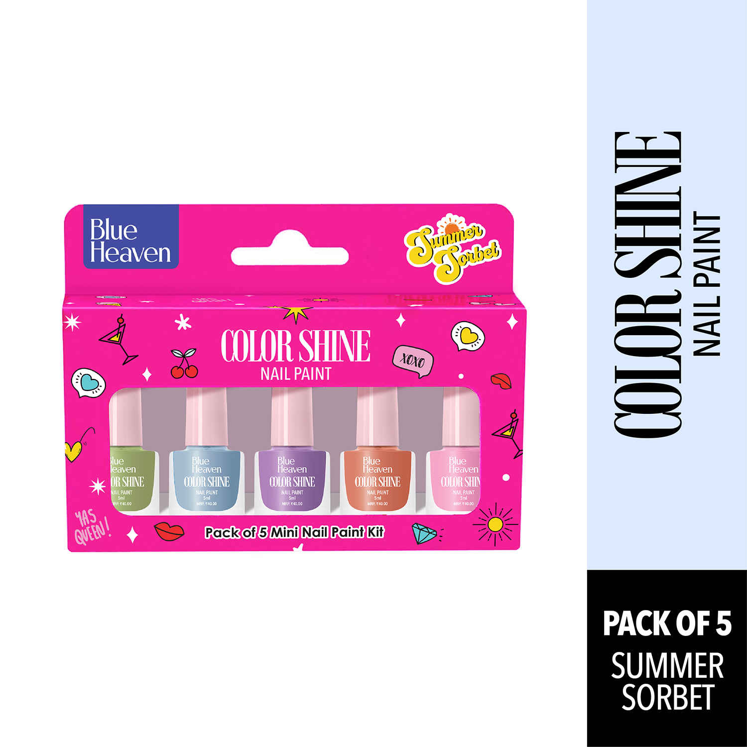 Buy Blue Heaven Color Shine Pack of 5 Mini Nail Polish Kit, Summer Sorbet, Glossy Gel Finish, 25 ml - Purplle