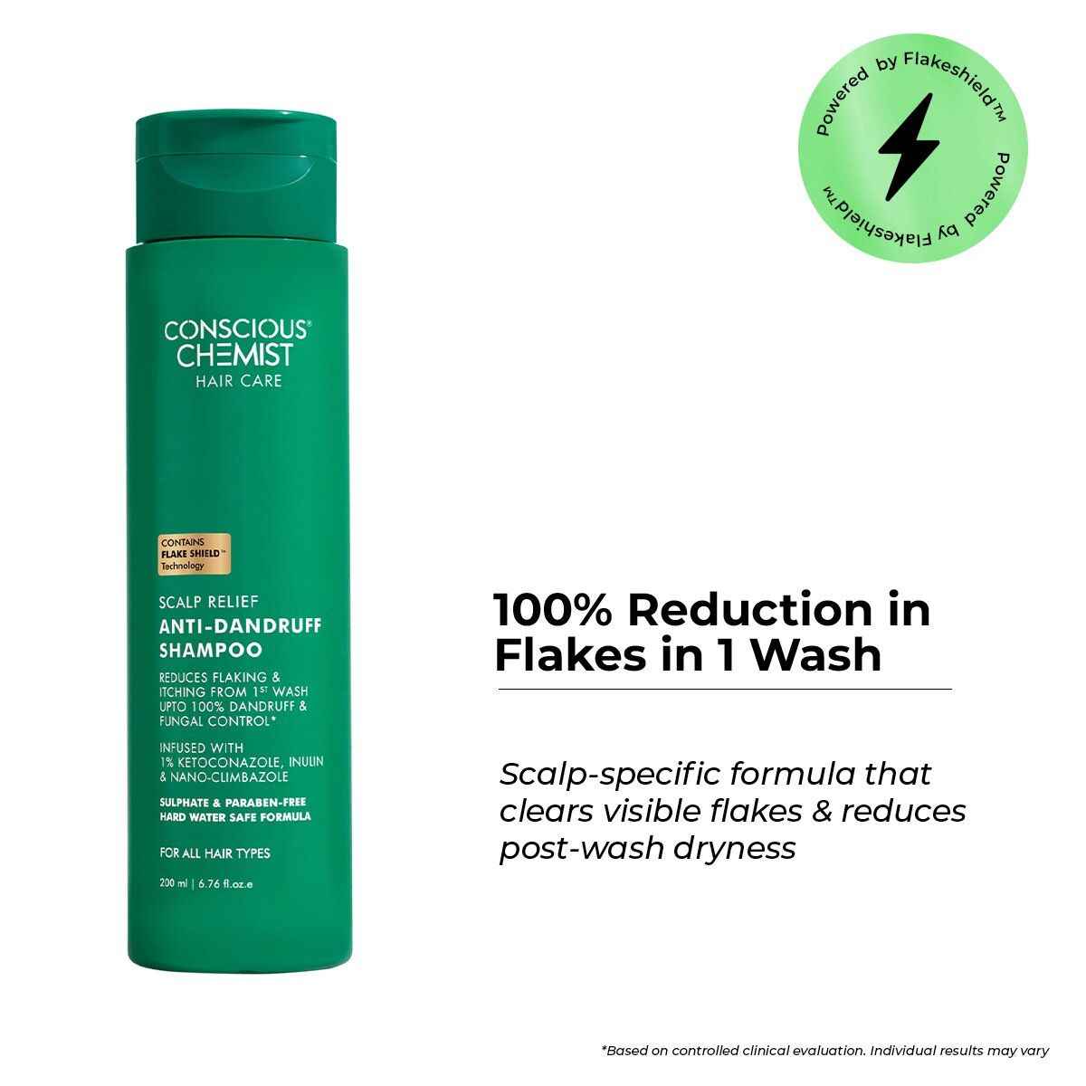 Buy Conscious Chemist Scalp Relief Anti-Dandruff Shampoo | 1% Ketoconazole + Nano-Climbazole |100% Dandruff Reduction |Relieves Itching from 1st Wash |Hard Water Safe | Colour Safe | FlakeShield Technology (200 ml) - Purplle
