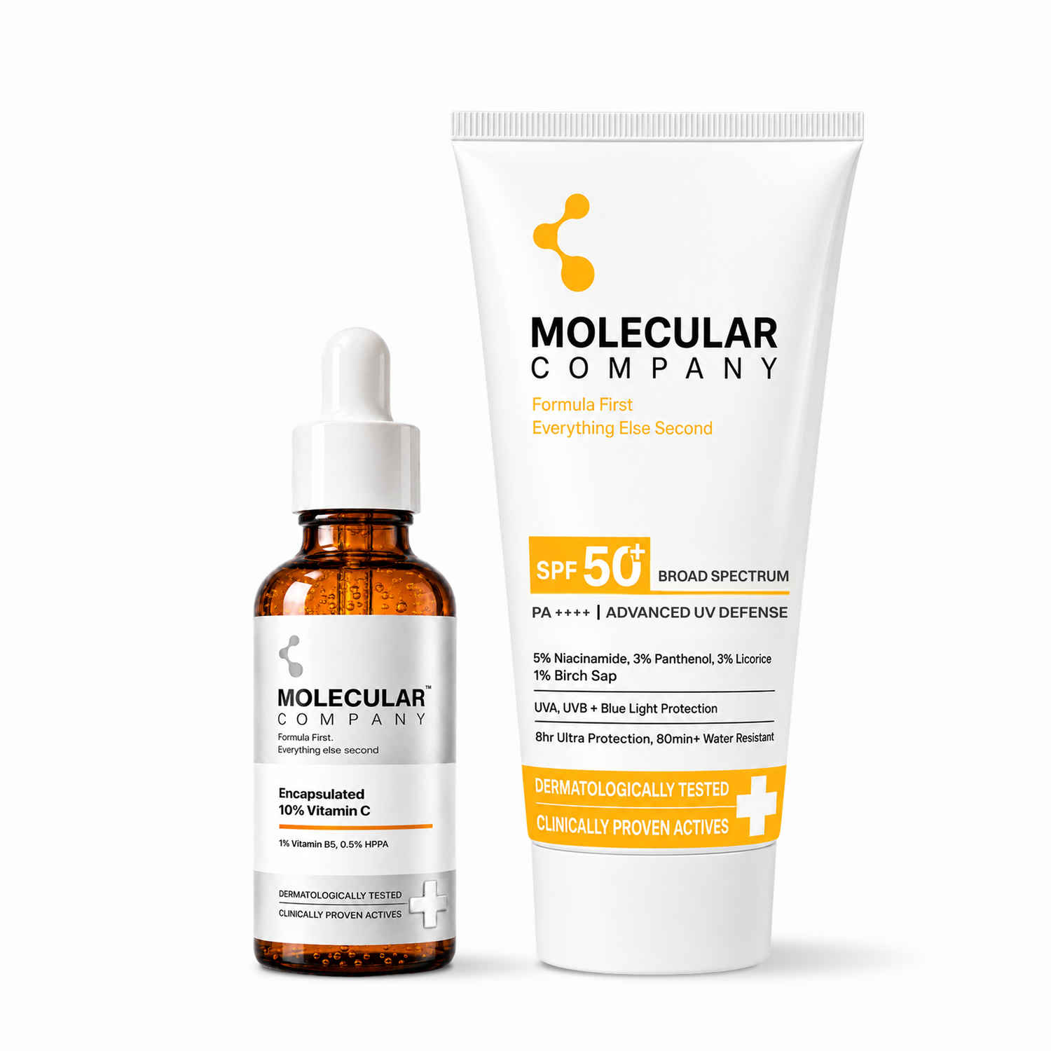 Buy Molecular Company Glow & Protect Duo | Sunscreen SPF 50+ PA++++ 50 gm + 10% Encapsulated Vitamin C Face Serum 30 ml | Brightening, Hydrating & Daily Sun Protection |(Combo of 2)|All Skin Types - Purplle