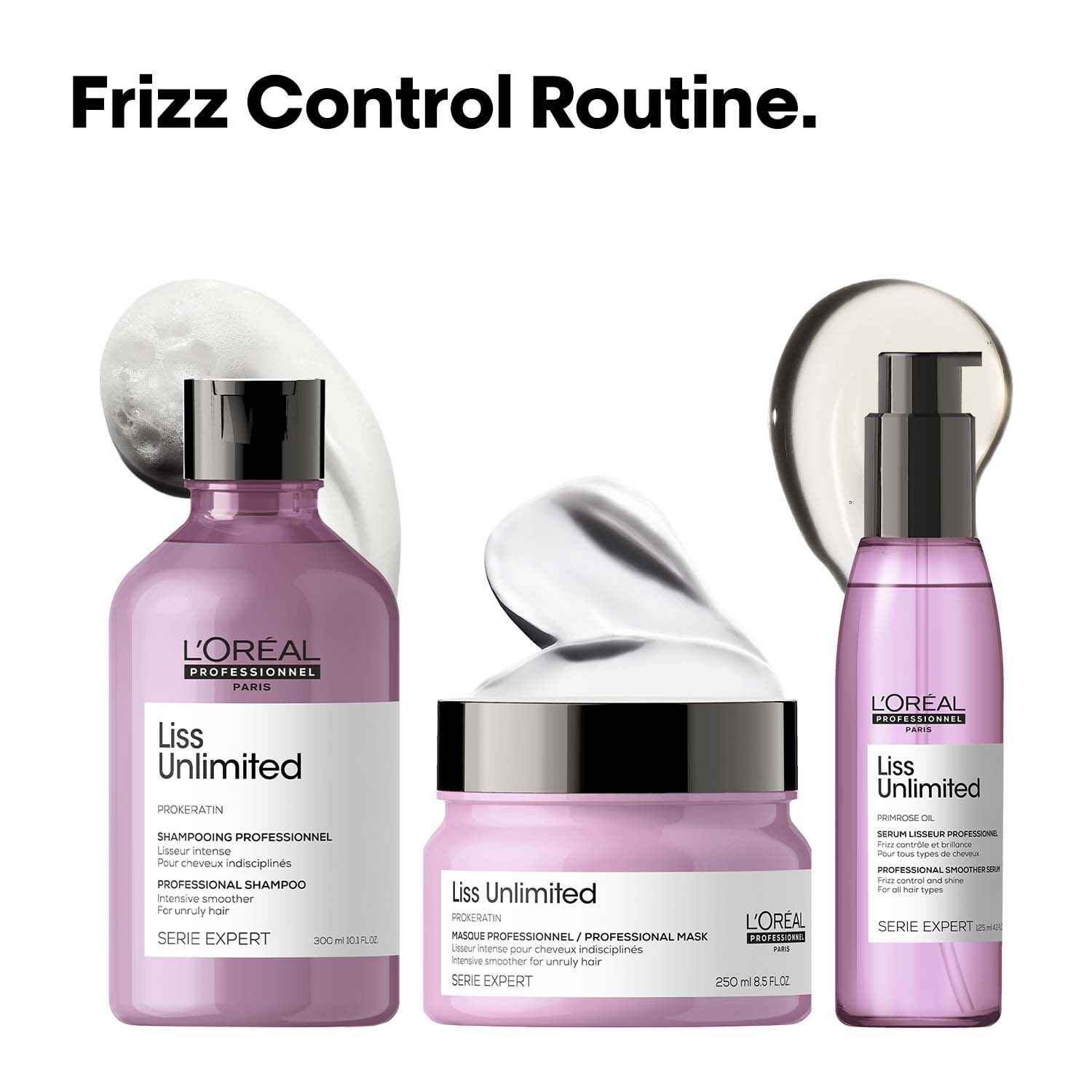 Buy L'Oreal Professionnel Serie Expert Liss Unlimited Shampoo + With Combo of Liss Unlimited Mask+ Liss Unlimited Blow Dry Serum (250ml +250gm+125ml) - Purplle