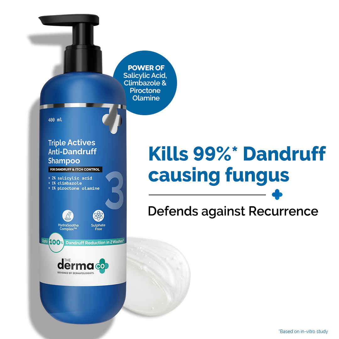 Buy The Derma Co. Triple Actives Anti-Dandruff Shampoo Power of 3 Actives | Kills 99%* Dandruff-causing Fungus | Soothes Itchiness & Irritation | Defends Against Recurrence (400 ml) - Purplle