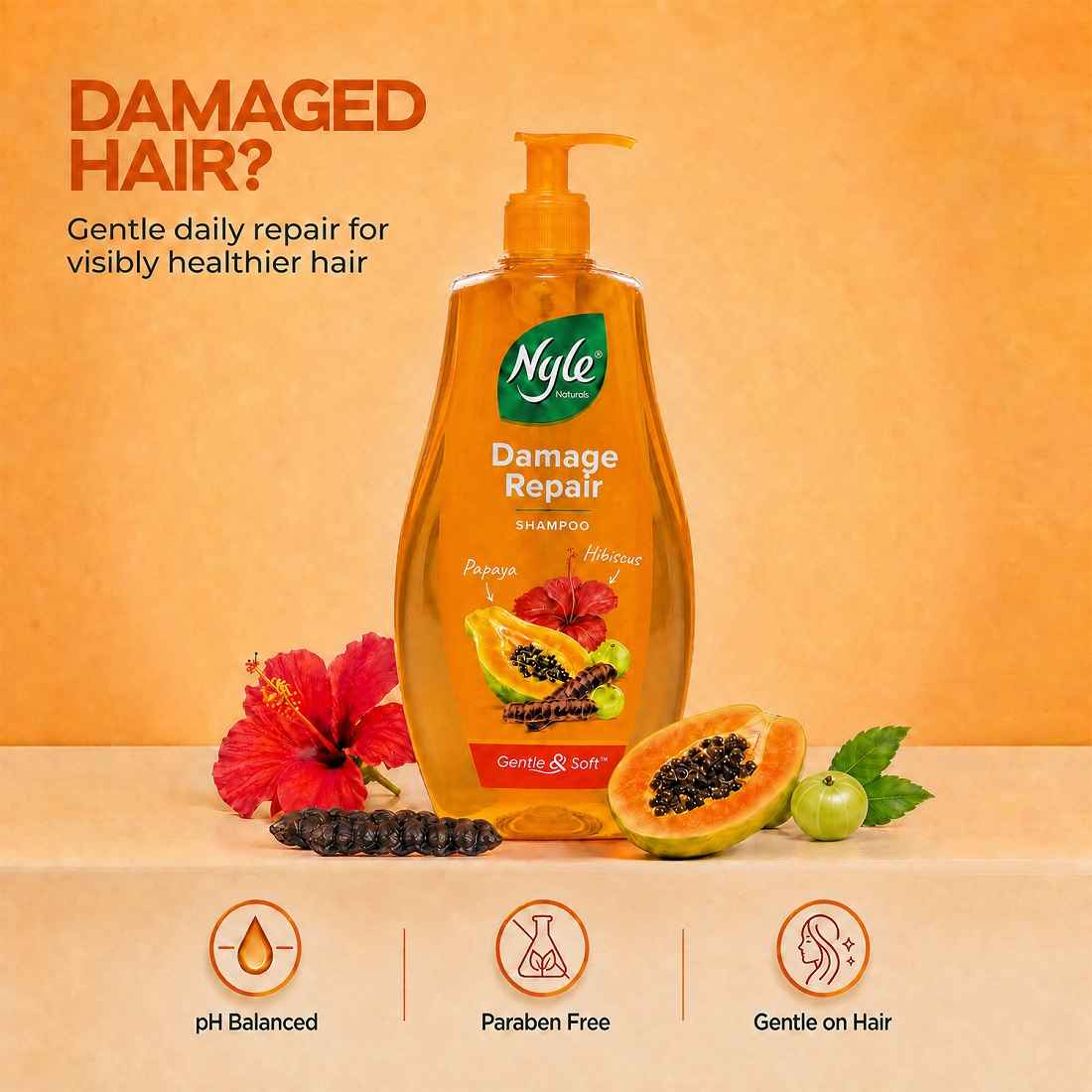 Buy Nyle Naturals Damage Repair Anti Hairfall Shampoo, With Shikakai And Hibiscus,Gentle and soft shampoo, PH balanced and Paraben free, For Men and Women (400 ml) - Purplle