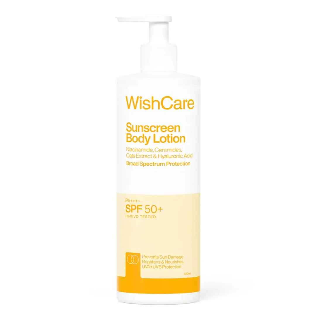 Buy WishCare Sunscreen Body Lotion with SPF 50 PA++++ In- Vivo Tested | Body Sunscreen With Broad Spectrum UVA & UVB Protection, No White Cast | With Carrot Seed & Raspberry | For All Skin Types | For Women & Men (450 ml) - Purplle