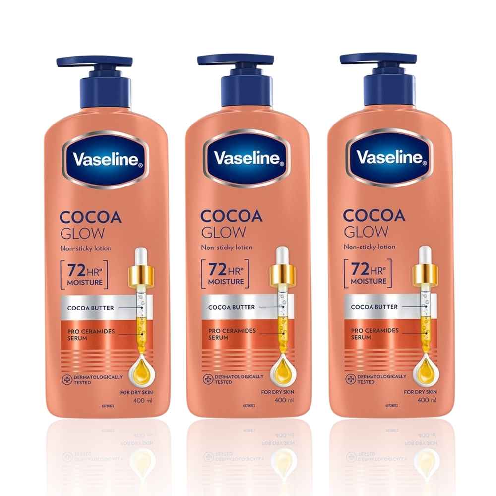 Buy Vaseline Cocoa Glow Serum In Lotion 400 ml | 100% Pure Cocoa & Shea Butter for Glowing & Soft Skin (Pack of 3) - Purplle