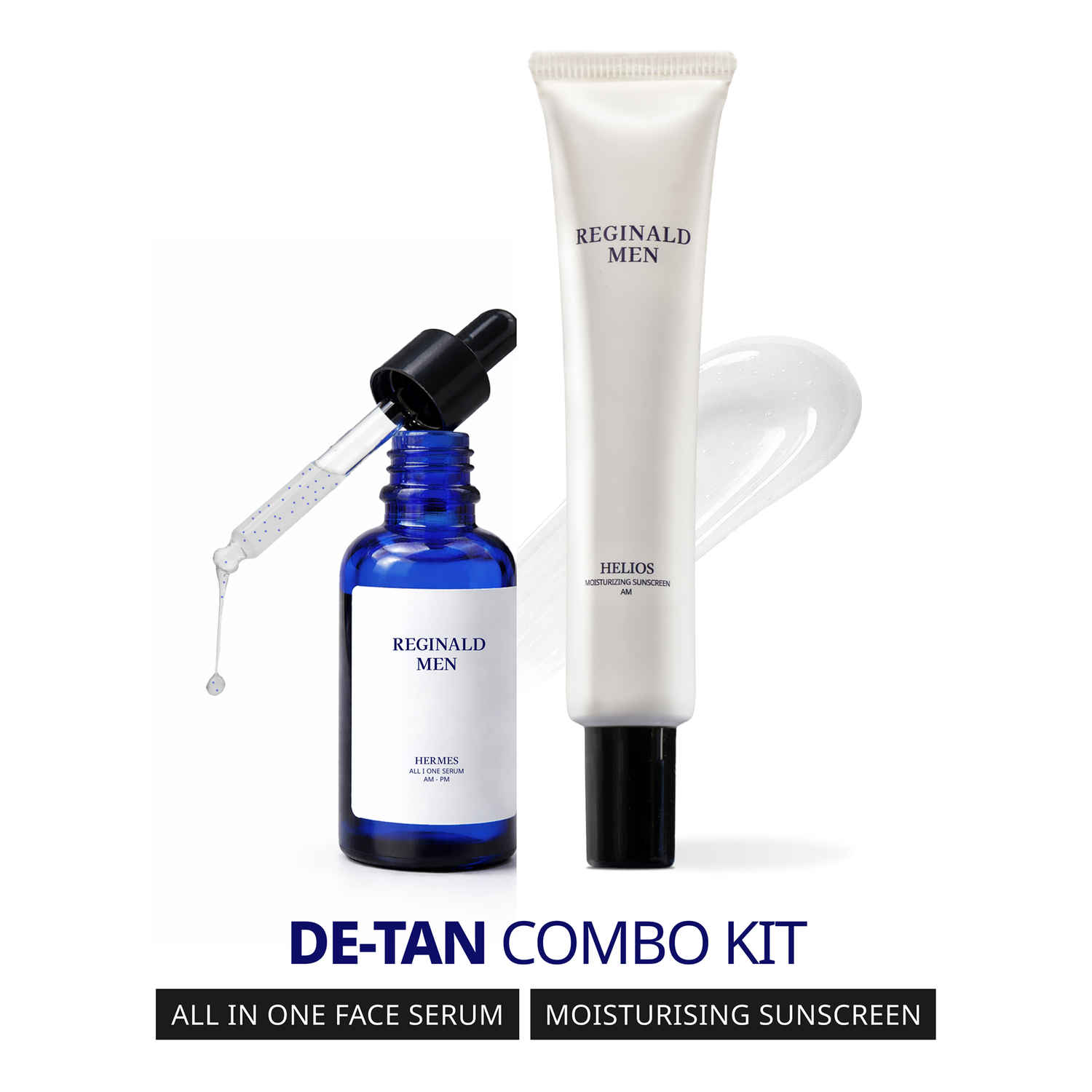 Buy Reginald Men De Tan Kit Combo | Moisturising Sunscreen SPF 50 PA++++ (50 gm) + Face & Beard Serum 30 ml | Simplified & Multipurpose Skincare - Skin and Beard Health, Protects, Repairs, Heals & Brightens (Combo of 2) - Purplle