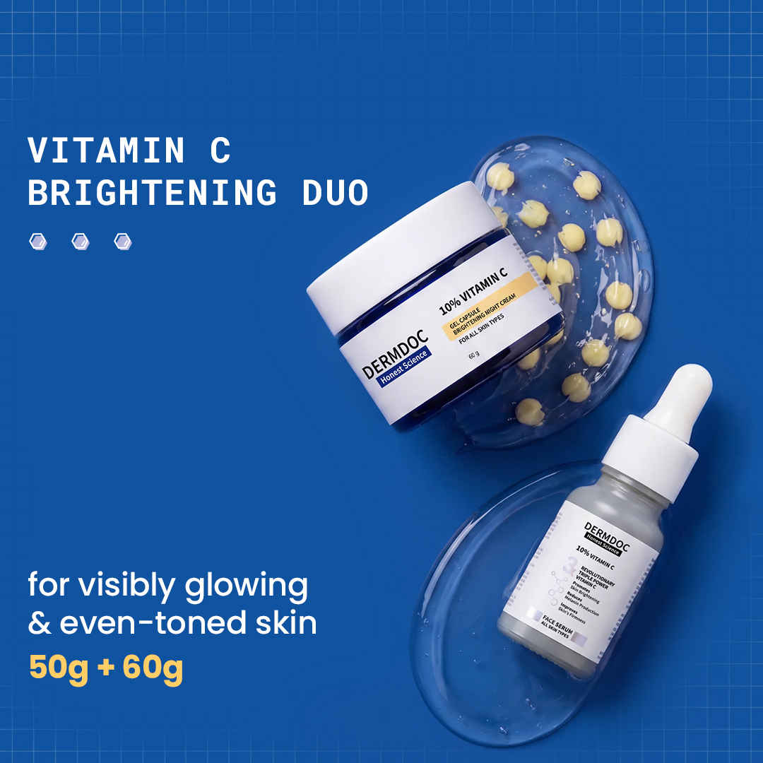 Buy DERMDOC Vitamin C Brightening Duo | 10% Vitamin C Face Serum 12 ml + Vitamin C Gel Capsule Night Cream 60 gm | Fades Dark Spots & Boosts Glow Combo of 2 - Purplle