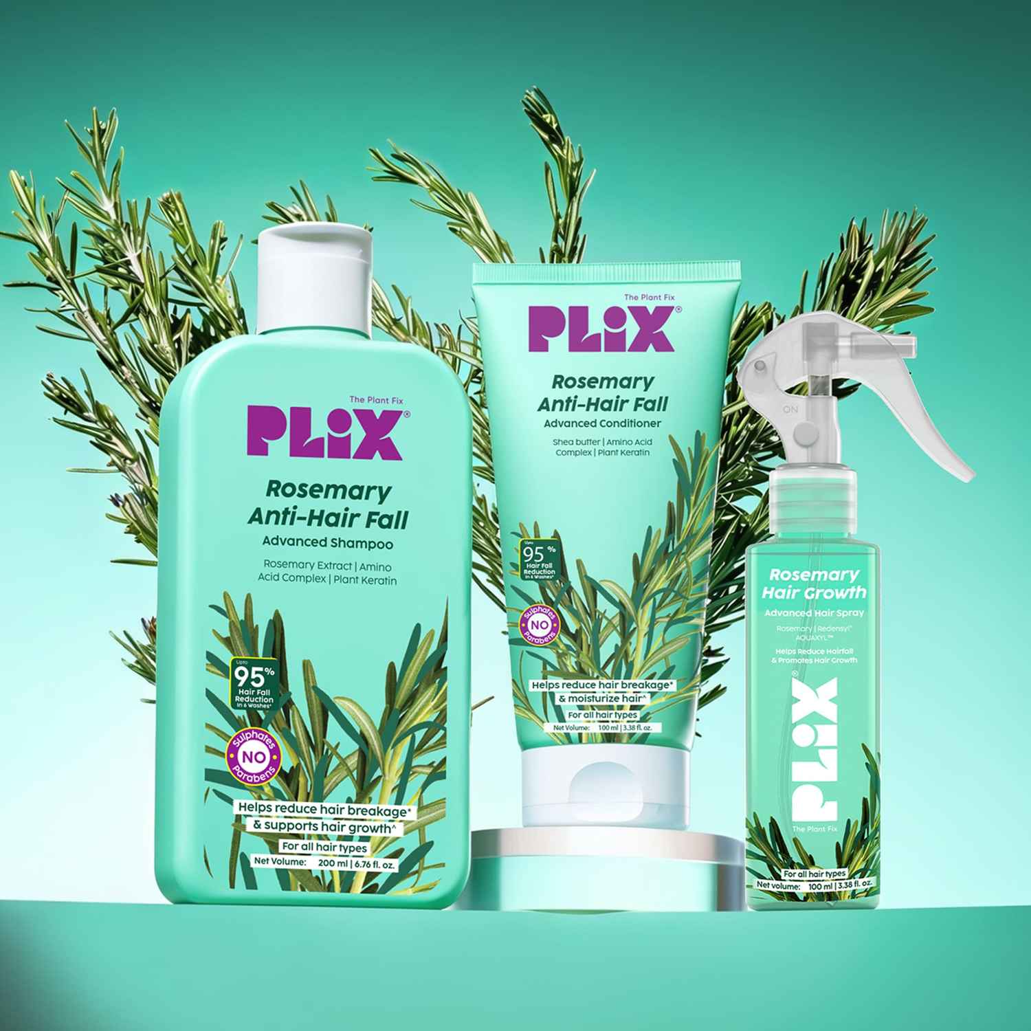 Buy PLIX THE PLANT FIX Rosemary Hair Care Trio | Hair Spray 100 ml + Shampoo 200 ml + Conditioner 100 ml | Rosemary Extract, Redensyl® & AnaGain™ | For Hair Fall Care & Fuller-Looking Hair (3 pc) - Purplle