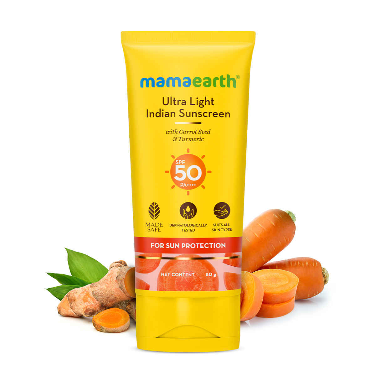Buy Mamaearth Ultra Light Indian Sunscreen with Carrot Seed Turmeric and SPF 50 PA+++ for Suntan Protection - 80 gm| In-Vivo Tested - Purplle