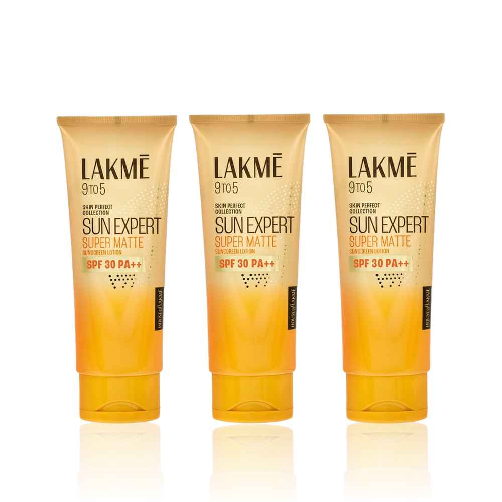 Buy Lakme Sun Expert Super Matte Lotion Sunscreen SPF 30 PA++ with Niacinamide & Vit E | Broad spectrum UVA/B protection | Blue light protection | No White Cast | for all dry normal skin| 50 ml (Pack of 3) - Purplle