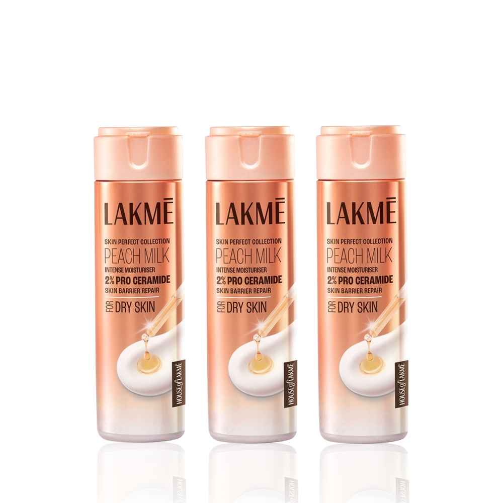 Buy Lakme Peach Milk Intense Moisturiser with 2% Pro Ceramide | 24hr Deep Hydration for Strong Skin Barrier Repair & Glowing Skin | Lightweight For Dry Skin 120 ml (Pack of 3) - Purplle
