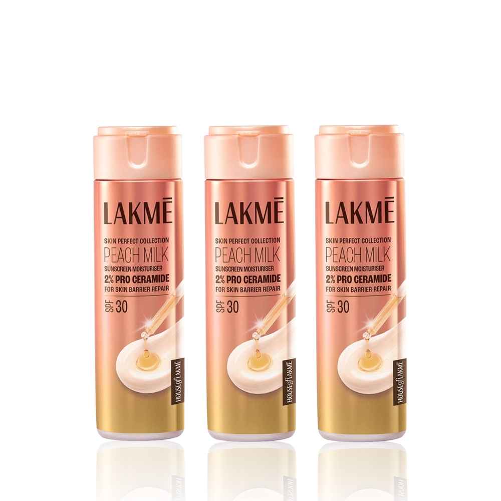 Buy Lakme Peach Milk Moisturiser SPF 30 with 2% Pro-Ceramide | Daily UV Defense Hydrating & Skin Barrier Repair Face Cream | Lightweight For Dry Skin Normal Oily Skin & Sensitive Skin 120 ml (Pack of 3) - Purplle
