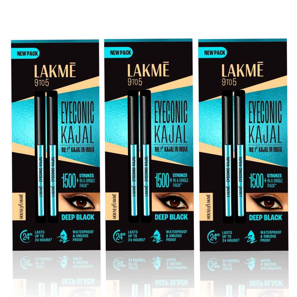 Buy Lakme 9 to 5 Eyeconic Kajal Twin Pack lasts upto 24hrs Pack of 2- Deep Black 0.35 gm + 0.35 gm (Pack of 3) - Purplle