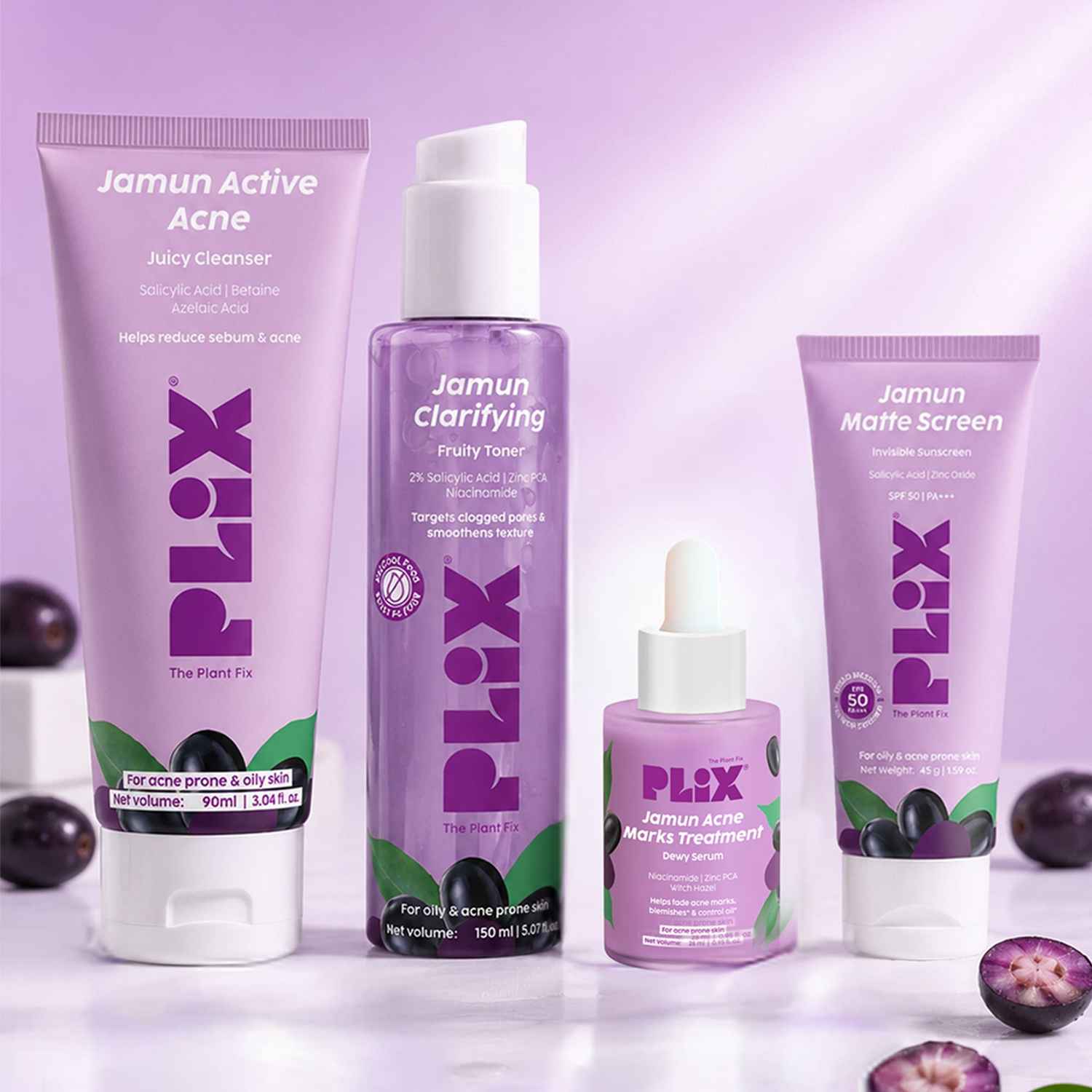 Buy Plix Jamun Acne Marks Combo | Juicy Cleanser + Fruity Toner + Niacinamide Serum + Sunscreen With SPF 50 PA++++ | Helps Fade Acne Marks, Controls Excess Oil & Soothes Skin | For Oily & Acne-Prone Skin (4 pc) - Purplle