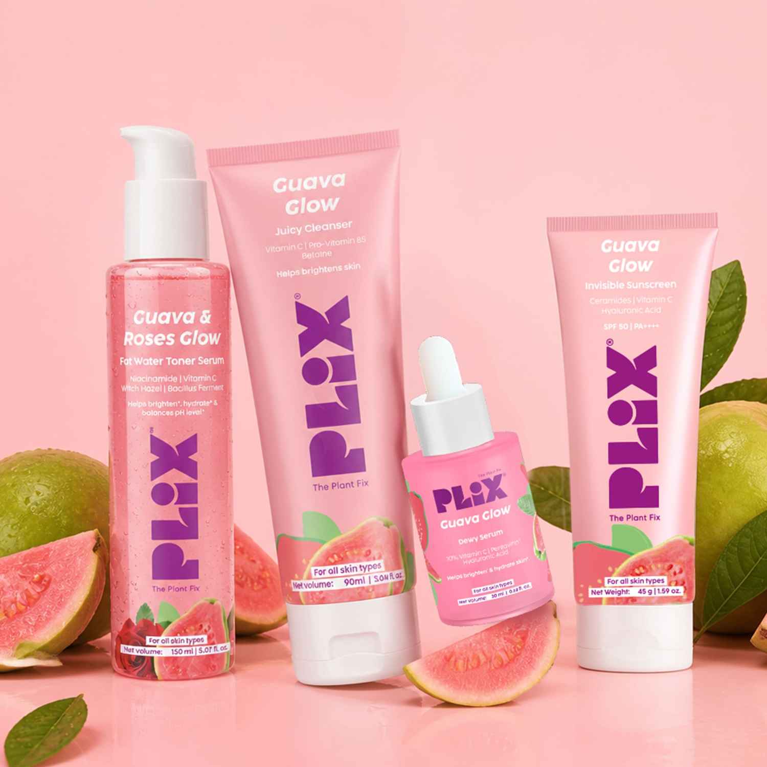 Buy PLIX Guava & Roses Regime for Hydrated, Glowing Skin| Hydrating Cleanser| 2-in-1 Toner Serum| Smoothie Moisturizer| Invisible Sunscreen Gel With SPF 50+ PA +++| Glowing Skin in 1 Use Skin Care Kit (4 pc) - Purplle