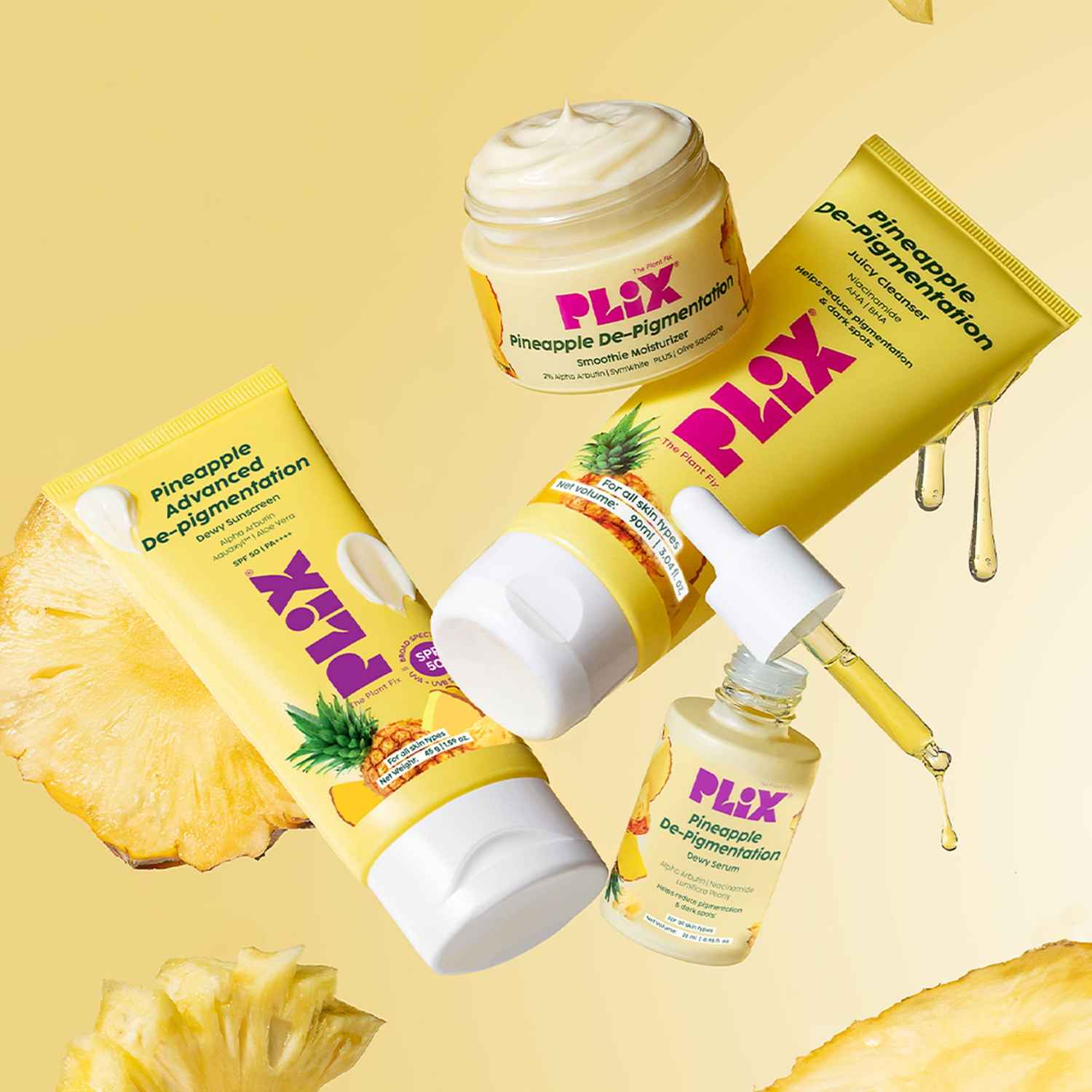 Buy PLIX THE PLANT FIX Pineapple Depigmentation Regime | Juicy Cleanser, 2% Alpha Arbutin Serum & Smoothie Moisturizer & Dewy Sunscreen | Helps Fade Dark Spots & Pigmentation | For Brighter, Even-Toned Skin (4 pc) - Purplle
